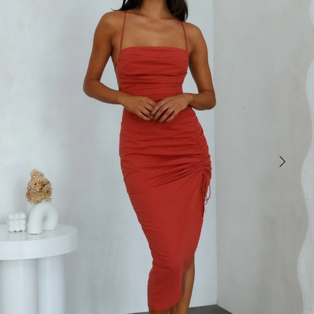 Hello Molly Red Ruched Bodycon Midi Dress